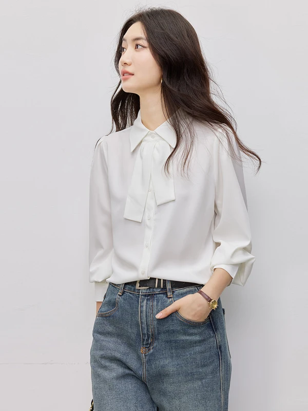 

Elegant Draped Collar Business Shirt Women Early Spring Casual Versatile Simple Fashion Professional Shirt Soft Satin Material