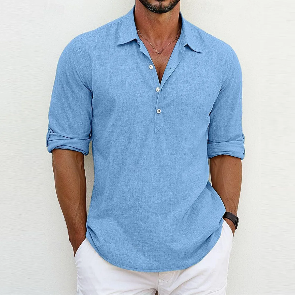 

Men's Casual Pure Color Collared Shirt Home Fashion Sleeve Button Loose Fit Long Sleeve Printed Polyester Blend Spring 2024
