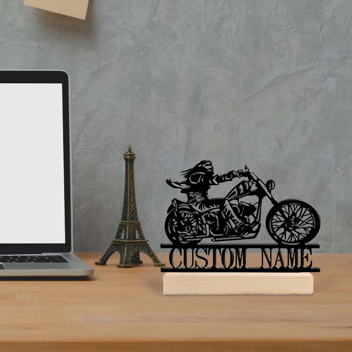 1 Pieza de Arte Metálico Personalizado con Base de Madera de Motociclista, Decoración de Escritorio para Hogar, Oficina, Hotel, Cafetería, Club, Regalo para Familiares y Amigos