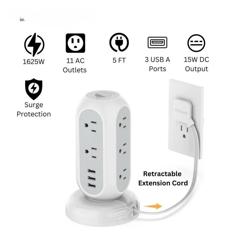 Surge Protector with 11/8 Outlets 3/4 USB Power Strip Tower Scokets, 5 FT/6 FT Extension Cord Adapter with Multiple Outle