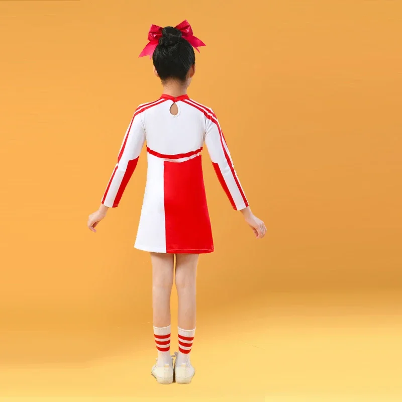 Girls Boy Cheerleader Costume Dress Schoolgirl Dance Costume Long Sleeve With Sock Pompoms Team Sport Suit Kids Cosplay Uniform