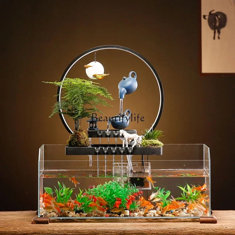 Large Glass Fish Tank Water Flow Lucky Decoration Home Living Room Office Water Circulation Fountain