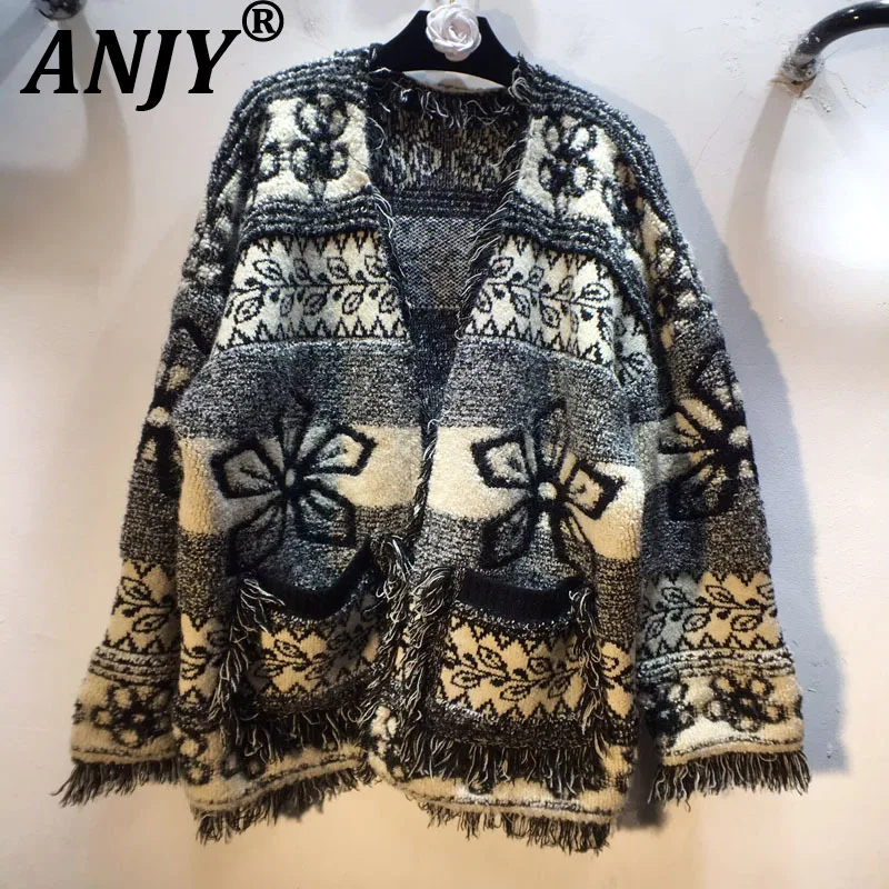 

ANJY Autumn Winter New Women European Trendy Tassel Fringe Vintage Sweater Cardigan Coat Chic Casual Loose Thick Slimming A16348