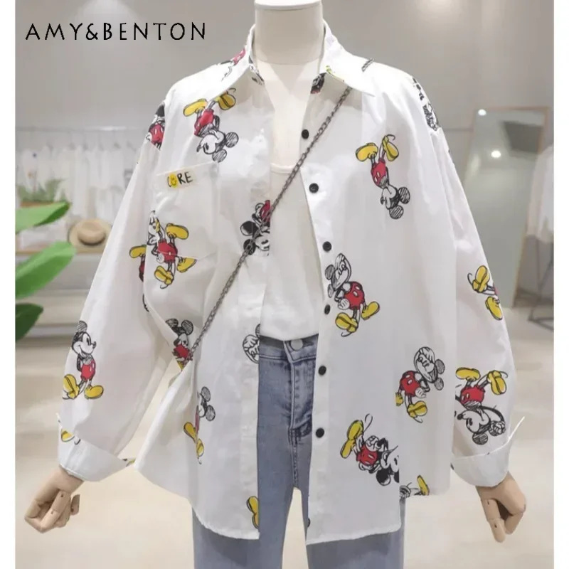 

Women's Clothing Shirt Full Body Cartoon Loose Casual Polo Collar Blusas 2024 Autumn Thin Versatile Cotton Long-sleeved Blouse