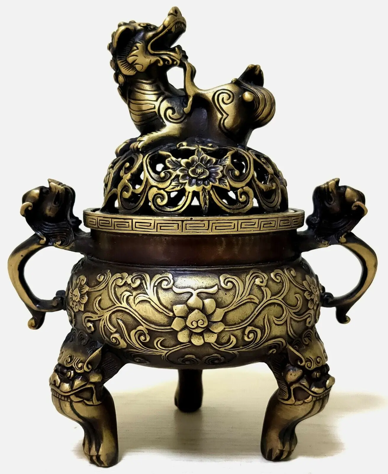 17cm antique old Bronze Signed lucky dragon lion Statue Incense Burners Censer