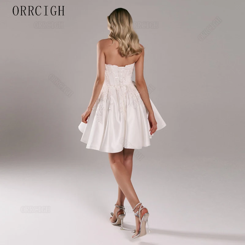 Short Satin Wedding Dresses with Lace Applique Sweetheart Neck Knee Length Bridal Gown Corset Bride Dress Customizable