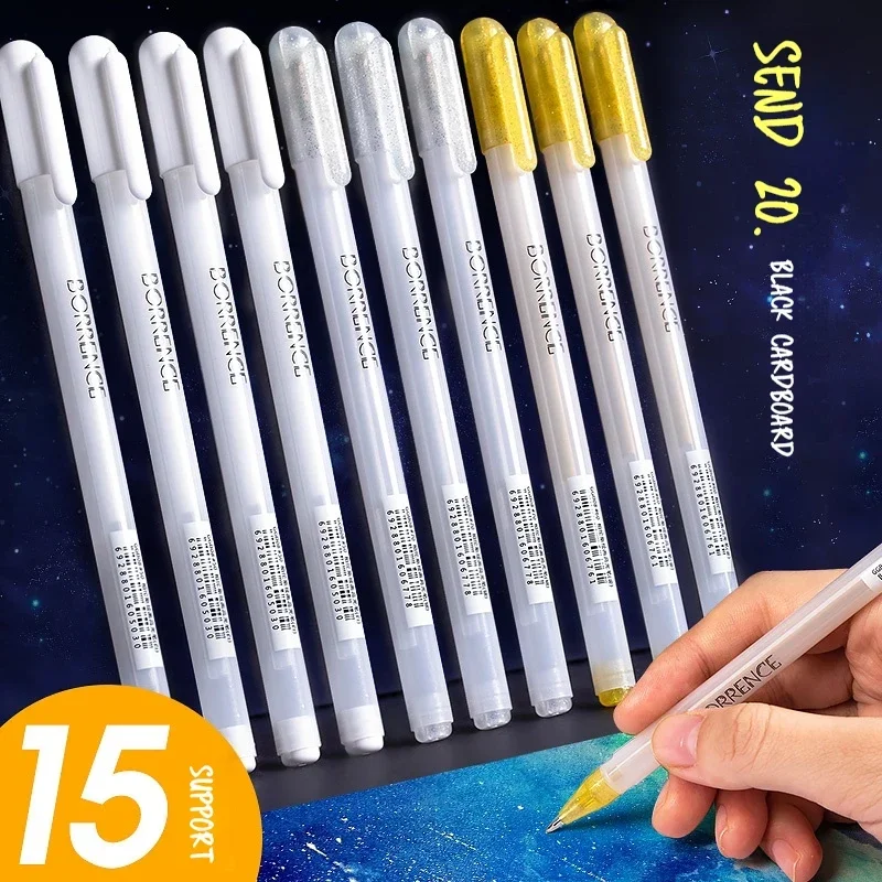 Borrence 0.8mm Highlight Marker Pen White Gold Silver Ink Color Photo Album Gel Pen Stationery Office Scrapbooking Drawing Pen