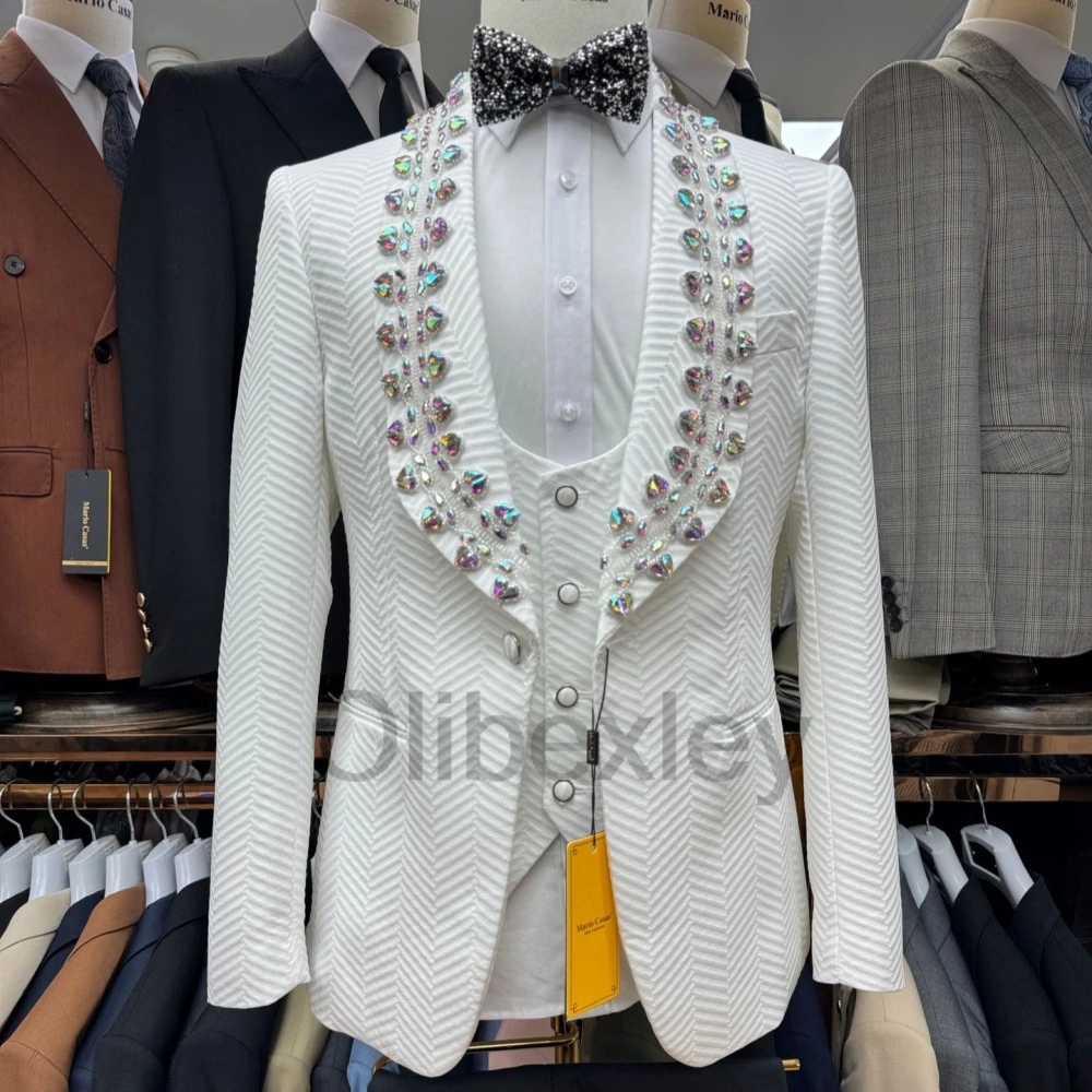 Olibexley Crystal Wedding Tuxedos Diamond Men Suits 3 Pieces Set Groom Male Prom Blazers Terno Masculino Completo Customized S43