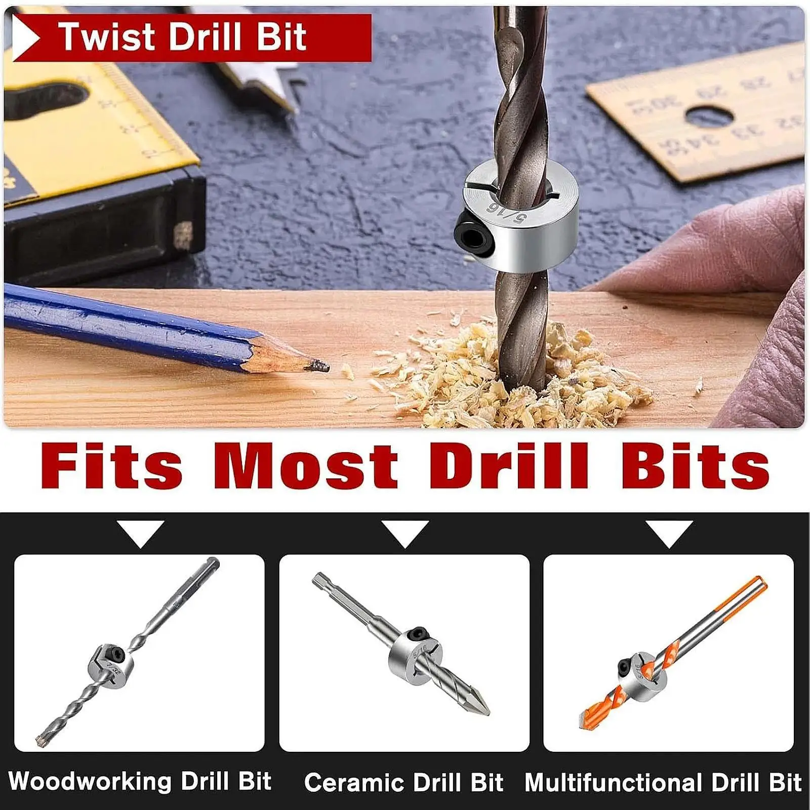 

10pcs Stainless Steel Bits Stop Collar Set Adjustable Depth Limiter Shaft Collar for DIY Woodworking Projects