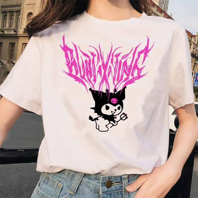Sanrio-Camiseta con estampado de dibujos animados de arroz negro, novedad de verano, Top de manga corta de algodón Kawaii informal holgado Retro a la moda para mujer