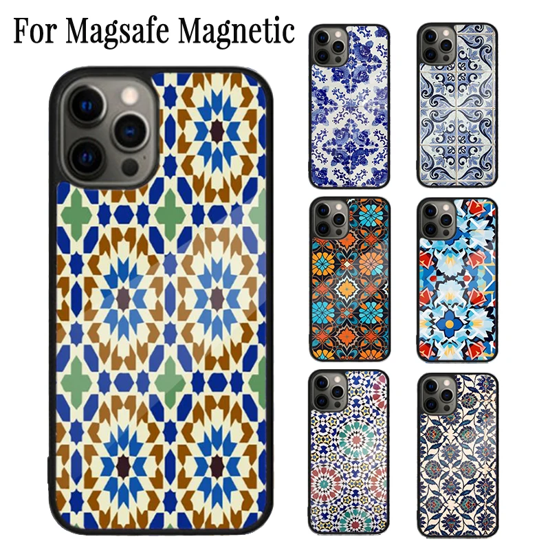 Moroccan Mosai Tile Pattern Magnetic Phone Case For iPhone 16 15 14 Plus 13 12 Mini 11 Pro Max Magsafe Wireless Charging Cover