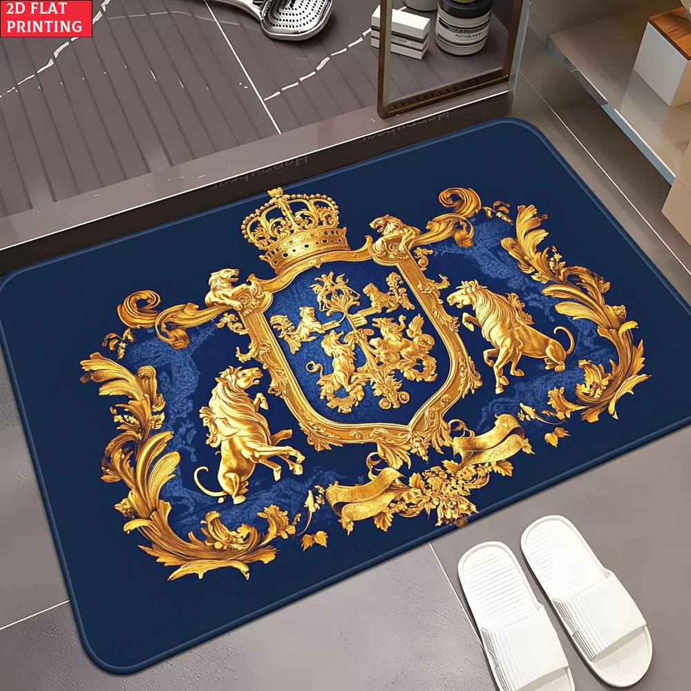 Alfombra Royal Crest de Terciopelo y Franela, Alfombra Decorativa de Diseño de Lujo para Entrada y Decoración del Hogar