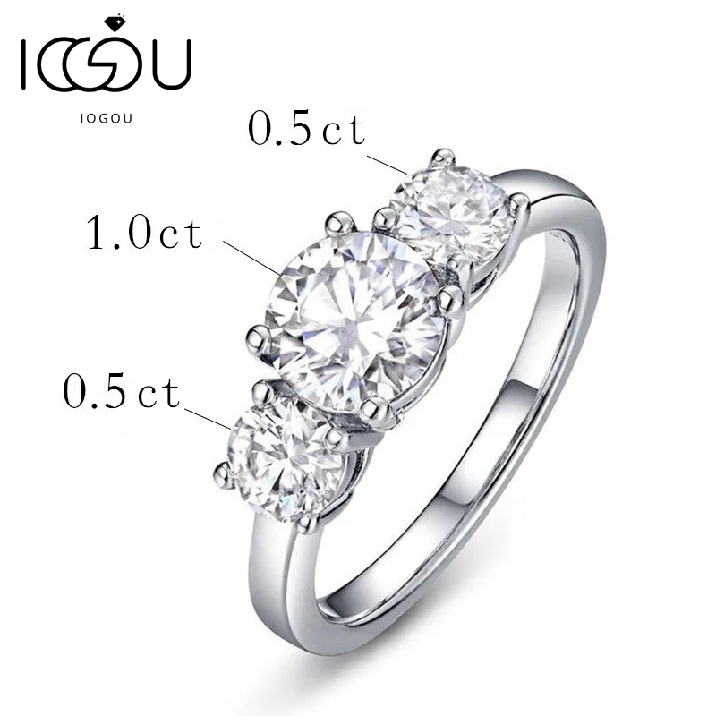 IOGOU Real D Color VVS1 Round 2.0ctw Moissanite 3-Stone Ring 925 Pure Silver Jewelry Certified for Women Wedding Engagement Gift