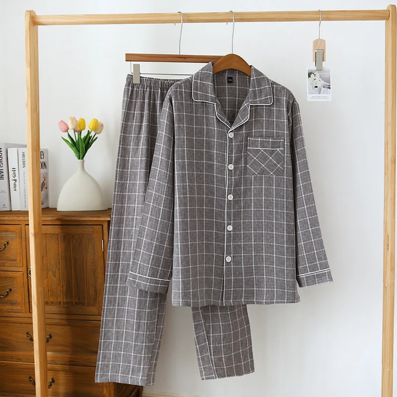 Conjunto de pijama japonés para hombre, pantalones de manga larga a cuadros de algodón 100%, conjunto de dos piezas, muebles grandes relajados para