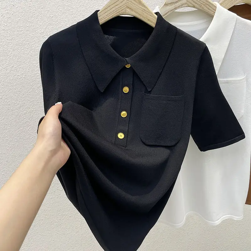 Women Clothing New Knitted Polo Shirts Korean Fashion Summer T-Shirt Versatile Solid Female Casual Loose Short Sleeve Thin Tops