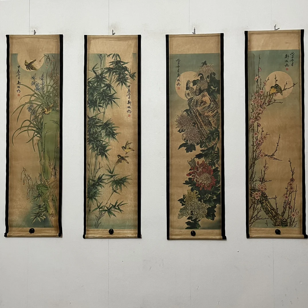 Chinese rice paper living room scroll painting four screens wall decoration hanging painting plum orchid bamboo chrysanthemum