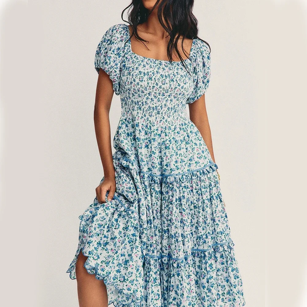 GypsyLady Floral Printed Midi Dress Off The Shoudler Sexy Summer Dresses for Women Lantern Sleeve Ruffles Holiday Ladies Dress