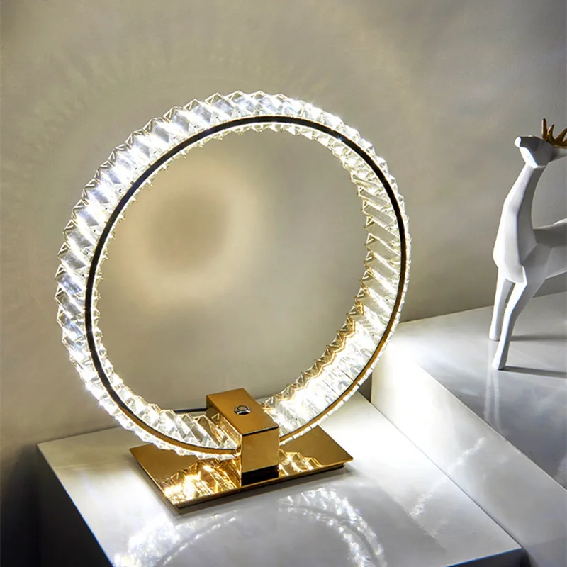 Creative Gold Ring Light Emitting Diode Desk Lamp K9 Crystal Desk Lamp Flexible AC Stainless Steel Bedside Decoration