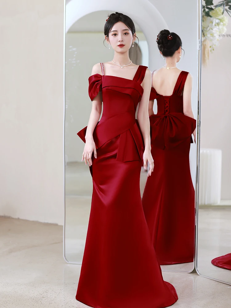 

Ele Red Satin Wedding Dr Fi Tail Engagement Gown Bridal Evening Dr Sexy Strapl Long Skirt for Wedding Celebration