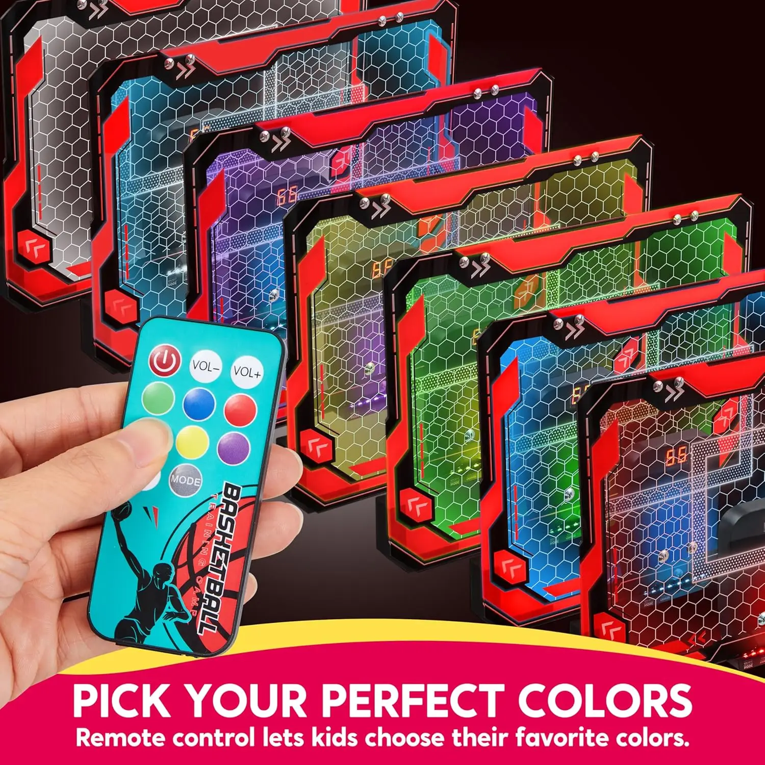 ห่วงบาสเก็ตบอลขนาดเล็ก JOYFY สำหรับติดประตูในบ้าน มีไฟ พร้อมกระดานคะแนนและลูกบอล 4 ลูก เหมาะสำหรับเป็นของเล่นเด็กและของขวัญวันเกิด