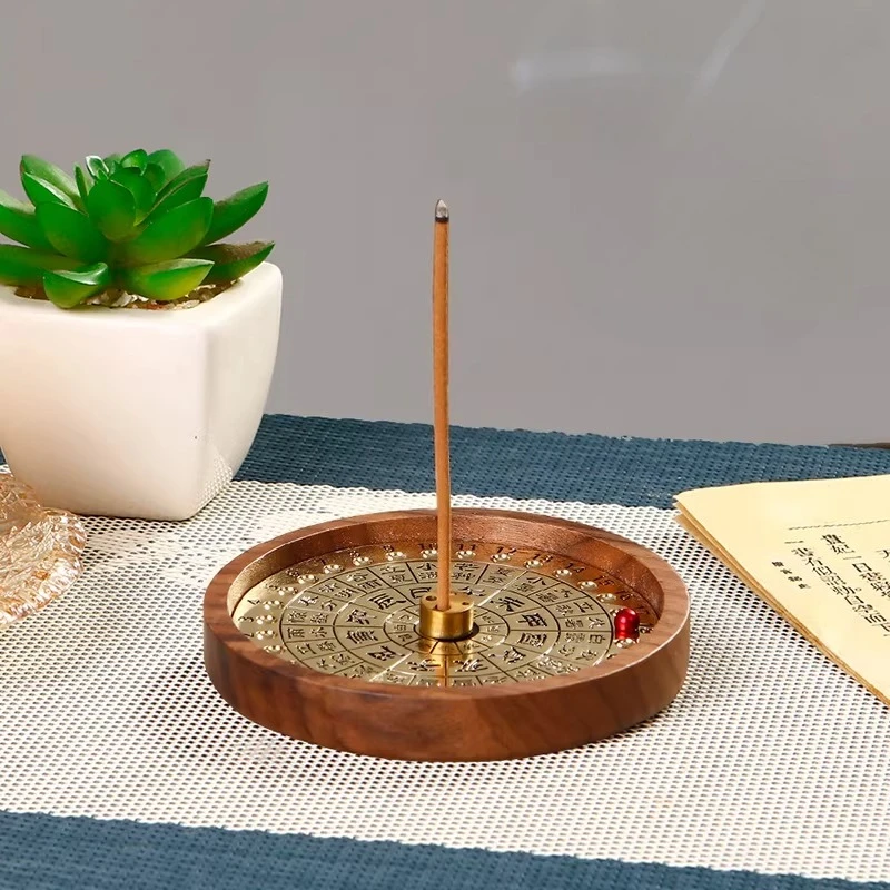 

Подставка для благовоний с вечным календарем, для дома, из черного ореха, латунная тарелка для благовоний с четырьмя отверстиями, настольное украшение