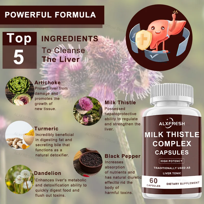 Milk Thistle Capsules Protect and Repair Liver Cells Detoxify and Eliminate Alcohol Damage and Have Anti-inflammatory Effects