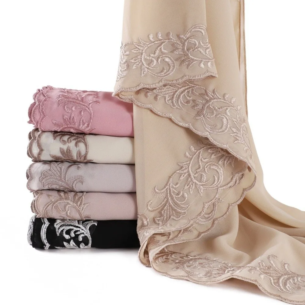 Elegant Chiffon Scarf Vine Embroidery Long Embroidery Scarf Breathable Embroidered Edging Sunscreen Shawl Women Headwear