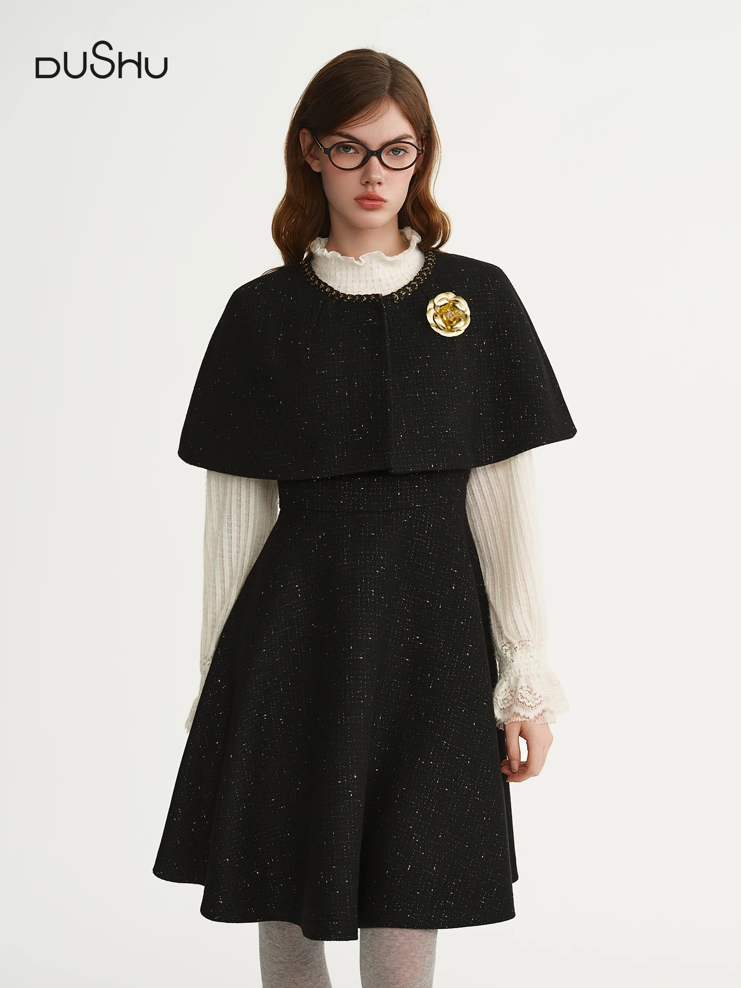 DUSHU Plus Size Two Piece Cape Vest & Little Black Dress Dinner Party Evening Gown Women's Elegant 2025 Autumn Winter New