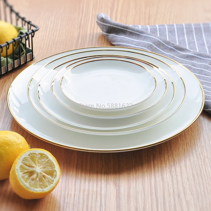 Gold Edge Ceramic Plate Dish White Porcelain Tableware Western-style Dinner Dishes and Plates Sets