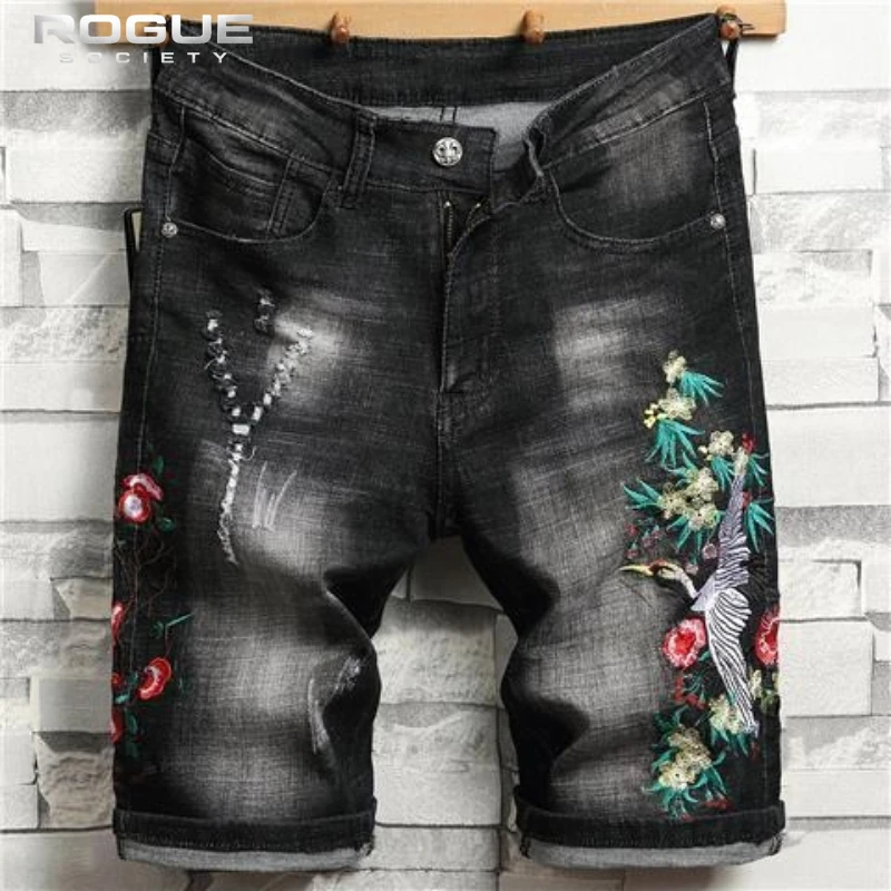 

New Y2K Harajuku Embroidery Denim Shorts Men Distressed Crane Floral Black Elastic Streetwear Casual Summer Trendy Male Bottoms
