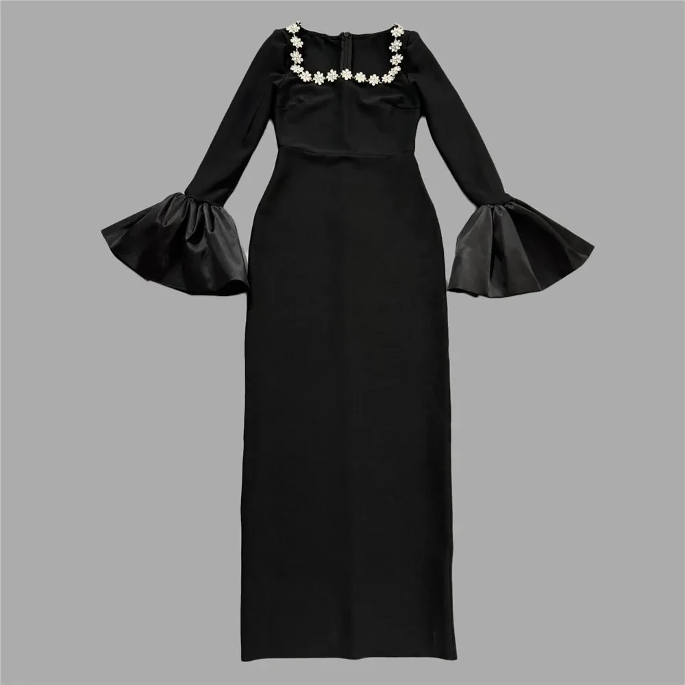 Haute qualité femmes à manches longues Sexy col carré brillant cristal moulante longue robe de pansement célébrer tenue de soirée
