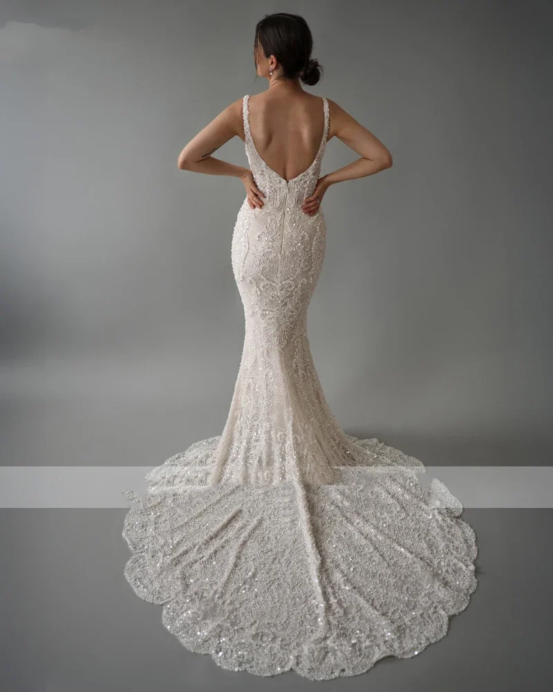 Flavinke, очаровательное сексуальное свадебное платье русалки с вышивкой, кружевное свадебное платье на тонких бретельках, труба, 2025