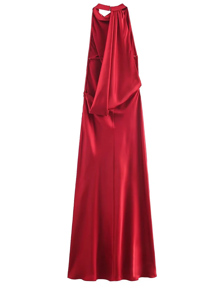 Frauen Sexy Elegante Satin Halter Langes Kleid 2025, Sommer Neue Mode Ärmellose Backless Falten Kleider Frauen Abend Party Kleid