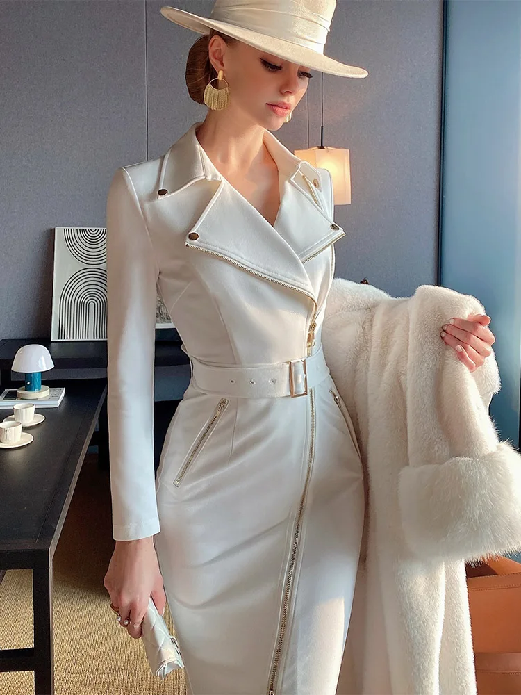 Dabuwawa Spring Autumn Female Vintage Women Large Lapel Knigt Sytle Slim Wrap Hip Zipper Dress 2023 DF1CDR019