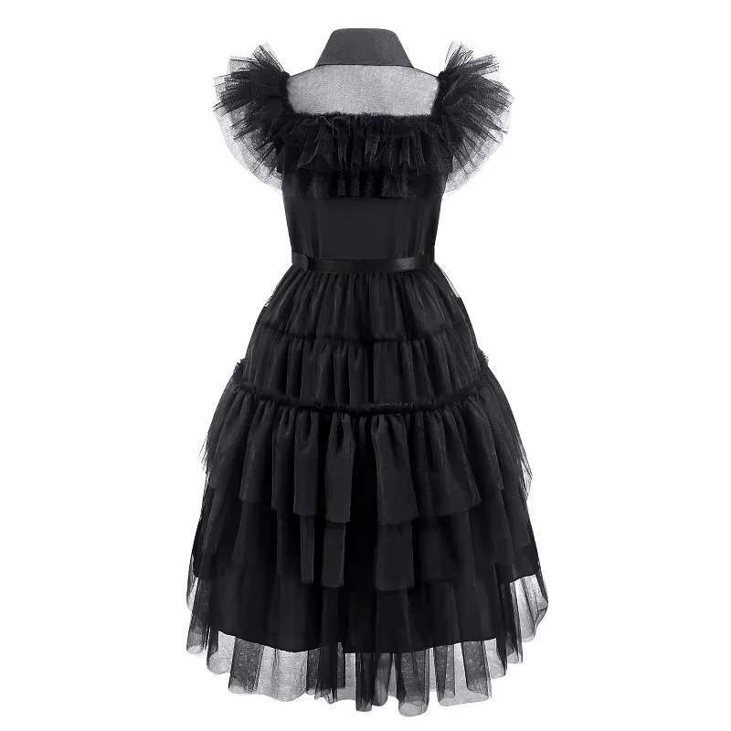 Schwarzes Gothic-Tüllkleid für Mädchen, Rüschenkleid mit Gürtel, Kinder-Halloween-Ballkleid, Studenten-Cosplay-Karnevalskostüm – Detail 3