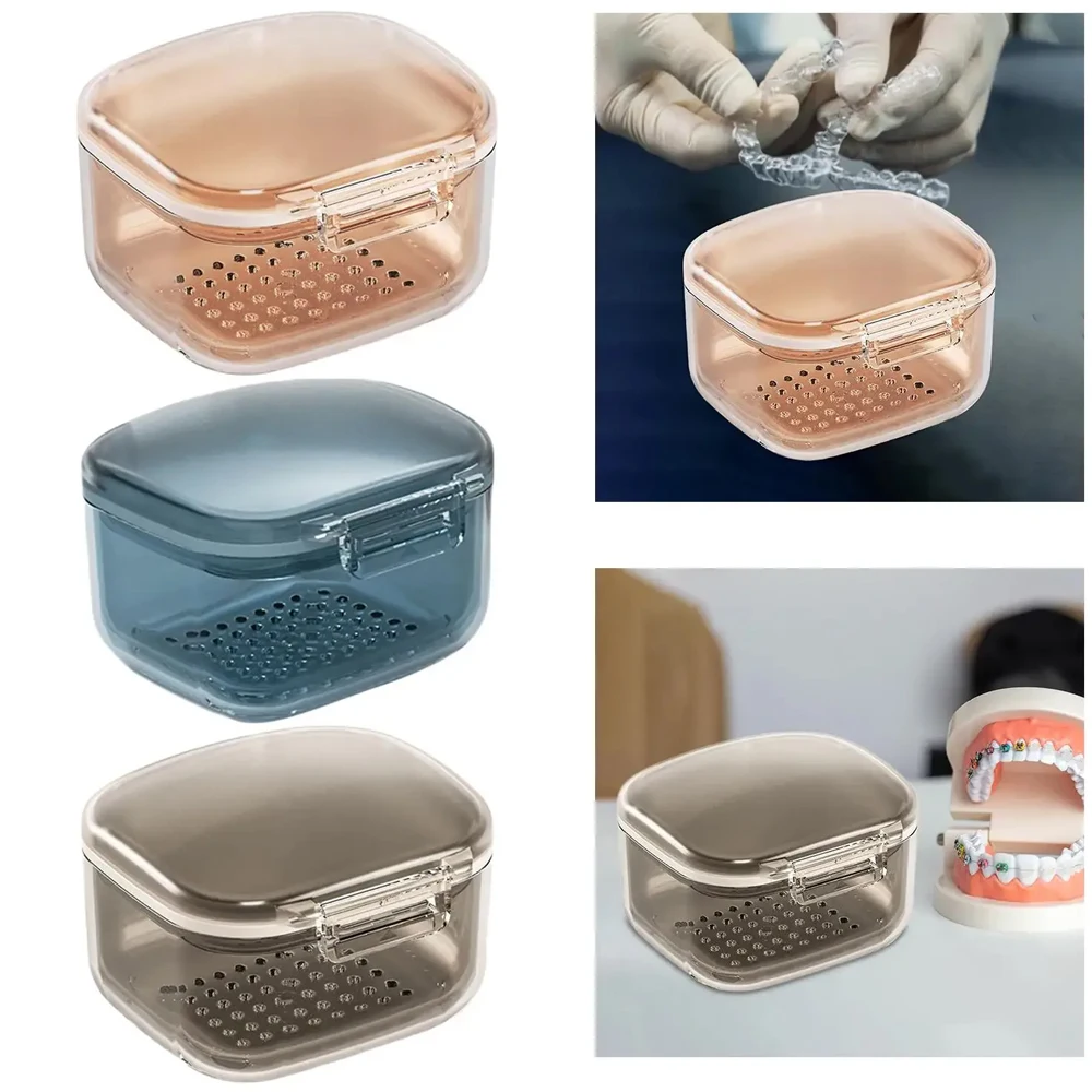 1PCS Retainer case, Denture Bath Cup，Retainer Cleaner Case Box,Night Mouth Guard Case Holder,Storage Soak Container with Drain