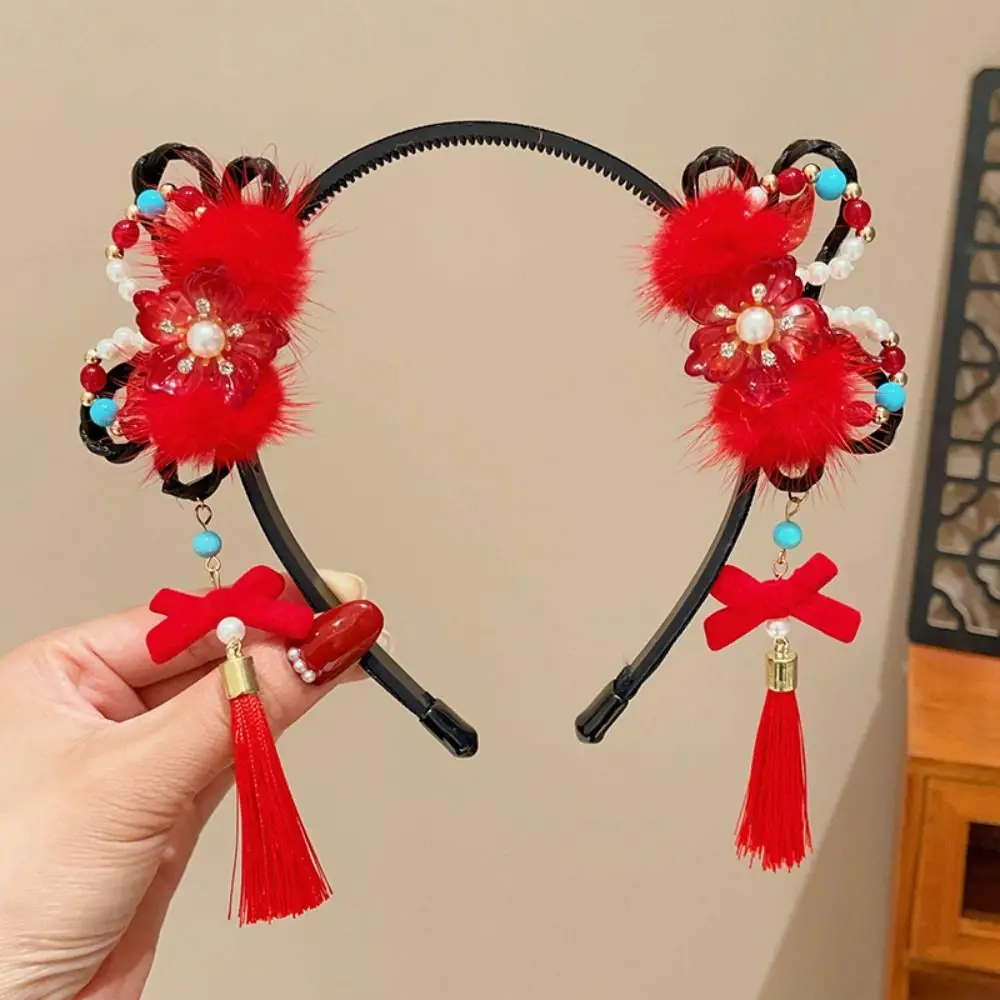Flower Children Wig Headband Tassel Braid Hair Hanfu Hair Sticks Plush Girl Hair Accessories Chinese New Year Headwear Children
