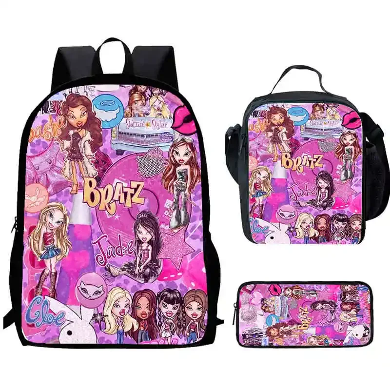 Cartoon Bratz Child School Backpack with Lunch Bags Pencil Bags for Kindergarten,Best Gift Bookbags for Boys and Girls