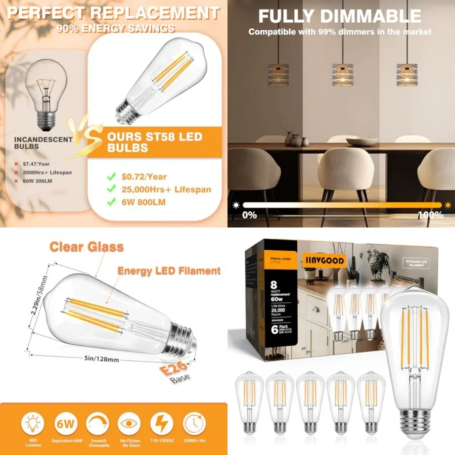 

8W 800LM Vintage LED Edison Bulbs, Dimmable LED Light Bulbs 60W Equivalent, High Brightness ST58 Antique led Filament Bulbs, CR