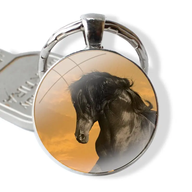 Glass Metal Pendant Key Chain Classic Men Women Key Ring Accessories Jewelry Gifts Watercolor horse Running Horses