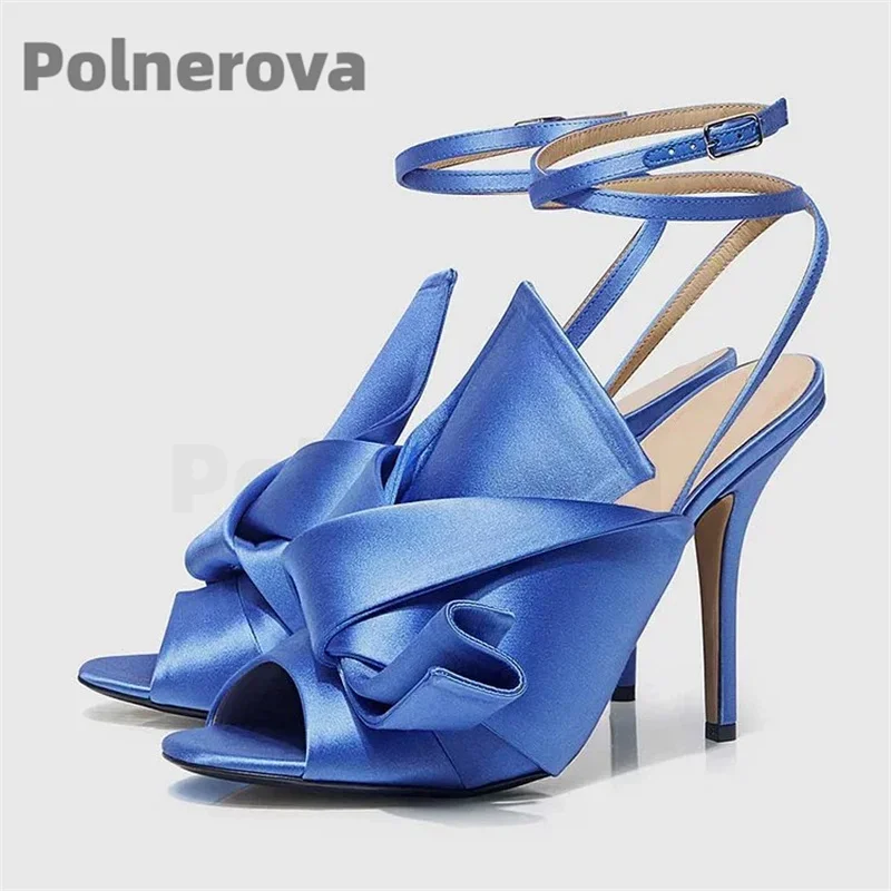 

Women's Blue Satin Bowknot Sandals Summer Peep Toe Cross Buckle Strap Thin High Heels Ladies Shoes Summer Fashion Runway Shoes