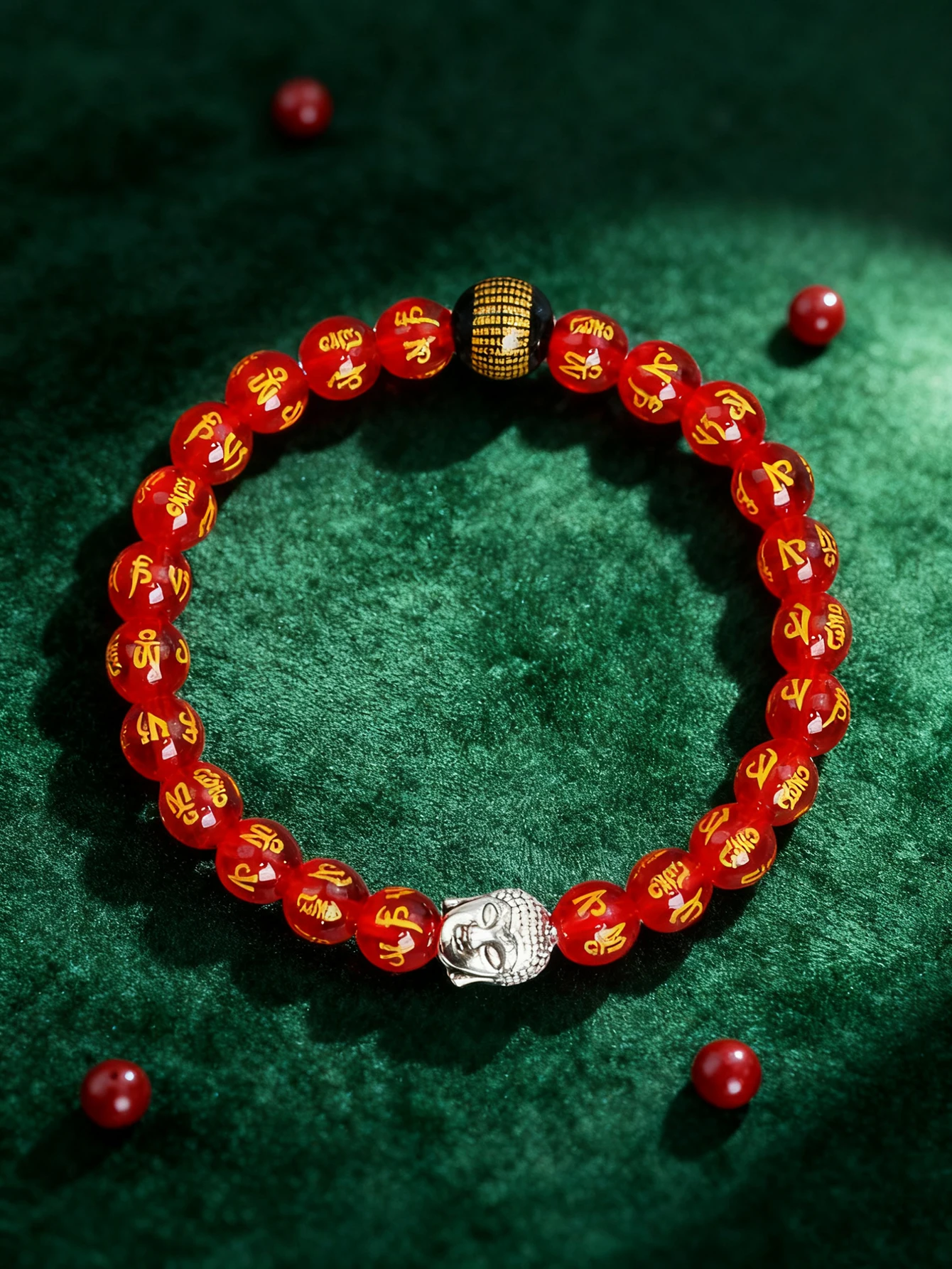 Red Crystal Six True Words Beads Bracelet Natural Stone Buddha Head Onxy Heart Sutra Beads for Vigour Meditation Chakra Jewelry