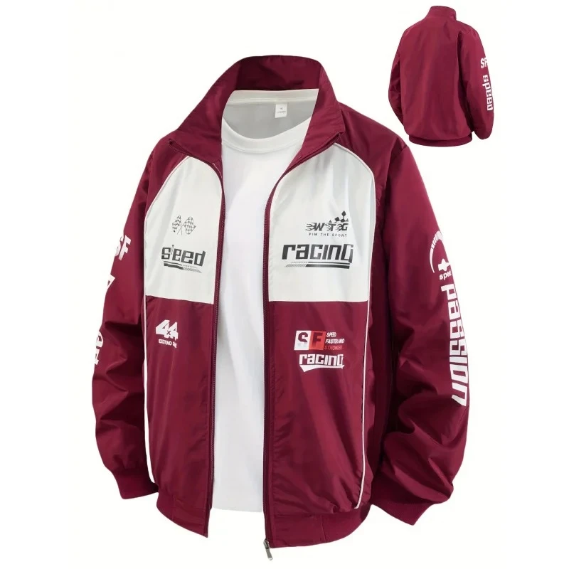 Streetwear Racing Jackets for Men High Street Motorcycle Jackets Spring Autumn New Male Color Block Matching Print Baseball Coat
