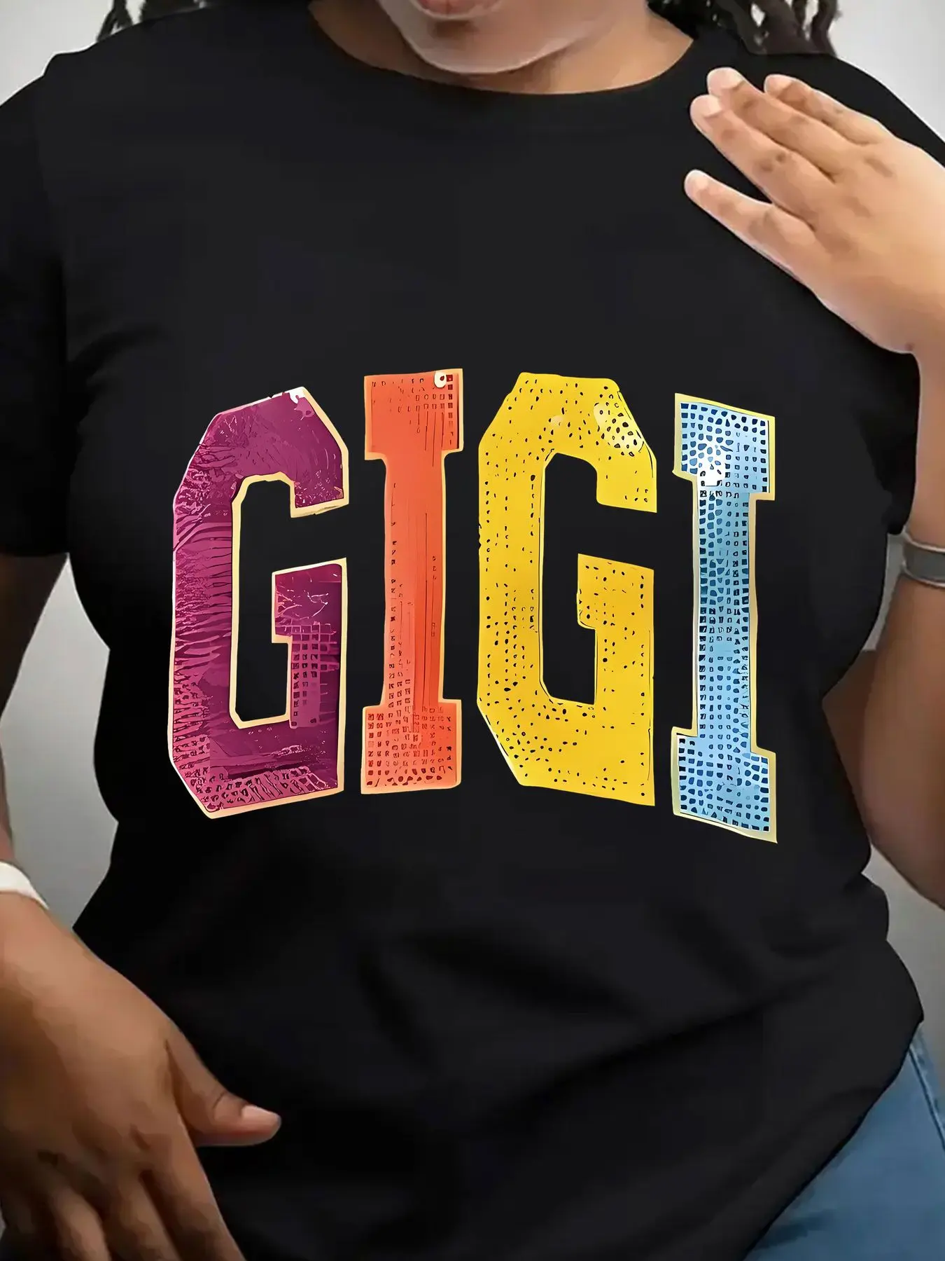Women's Trendy Crew Neck T-Shirt Colorful Textured Gigi Letter Print Suitable for Casual Sportswear