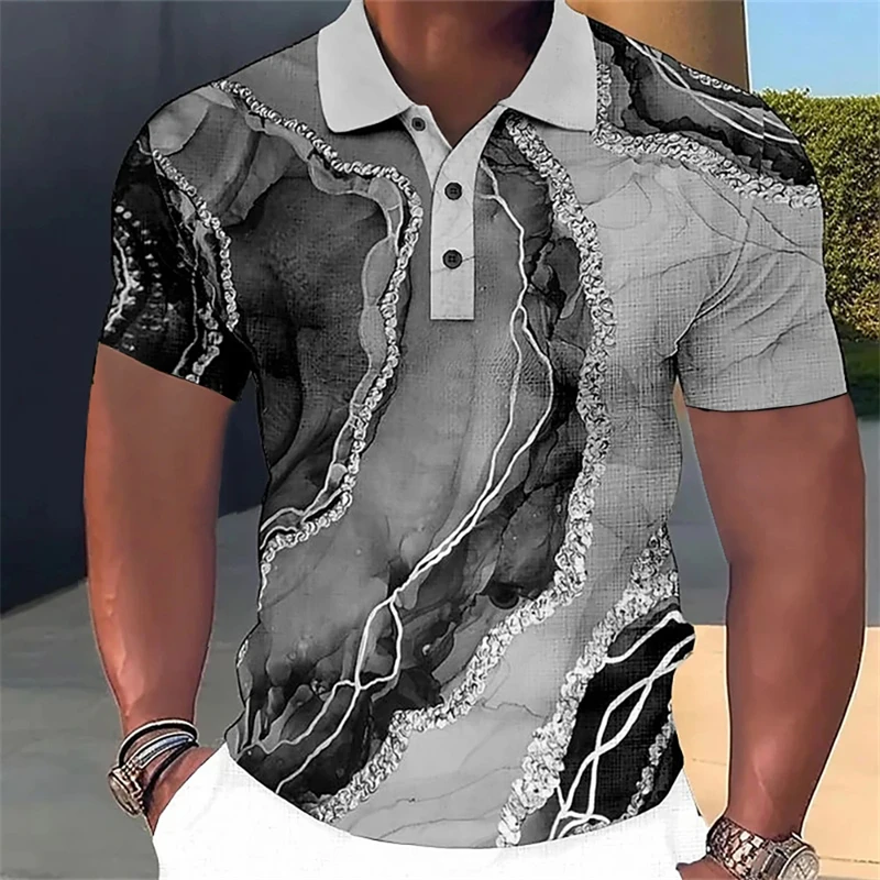 Fashion Luxury Men's Polo Shirt 3D Gray Line Print Business Style Tshirts Men Clothing Casual Homme Short Sleeve Oversized Tops