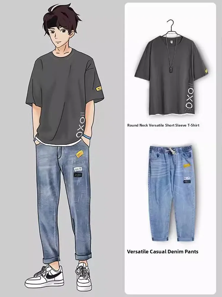 

Men's Ice Silk ort Sve T-irt Straight Leg Jeans Set Summer Casual Sportswear Two-Piece Suit Simple Versatile Youthwear