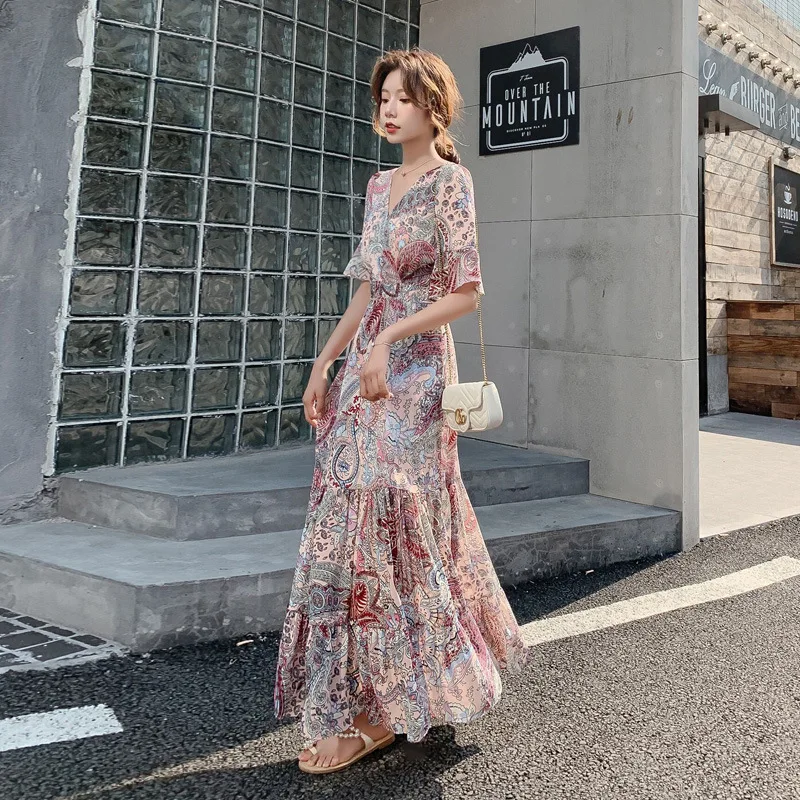 

Bohemian Long Dress With V Neck And Ruffled Hem For Women Summer Casual Style Floral Pattern Empire Waist A Line Loose Fit