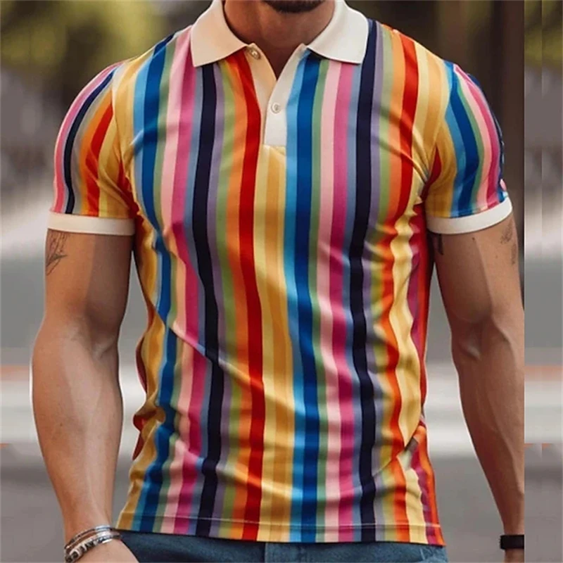 New Men\'S Polo Shirt 3d Rainbow Printed Men Clothing Summer Casual Short Sleeved Loose Oversized Shirt Street Fashion Tops Tees