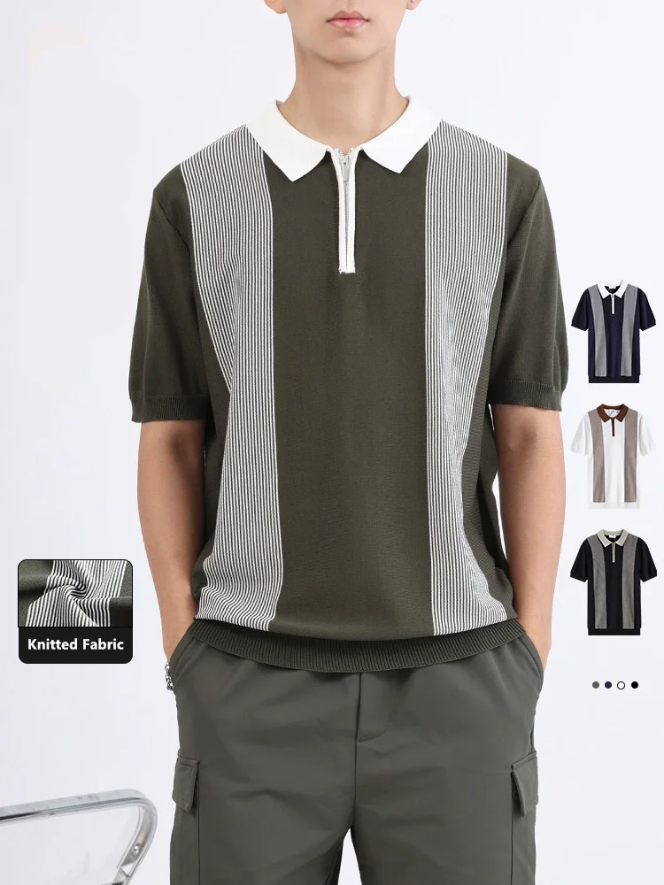

Premium Striped Knitted Polo Shirts For Men Smart Casual Coolness Summer Quality Viscose Blends Elastic Zipper Camisas De Hombre