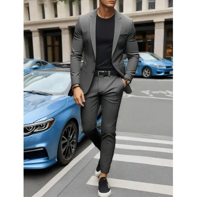 

Autumnal Men's Suit with kets Long Sve Angle Collar Special Wide Fit Pure Color Formal Wear Double Slit No Button